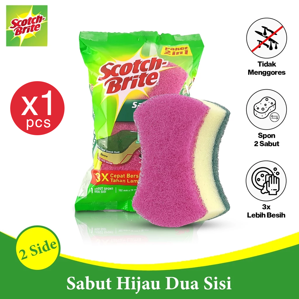 3M Scotch Brite Sabut Spons Hijau Cuci Piring 2 In 1 ID 34