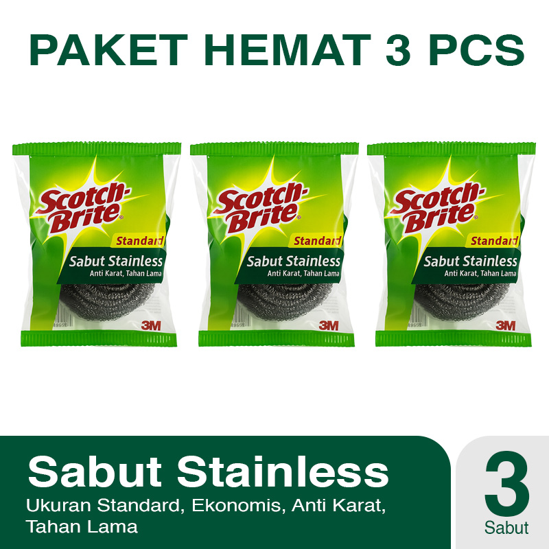 PAKET 3 PCS 3M Scotch Brite Sabut Stainless Kawat Cuci Piring Ekonomis ID T57N