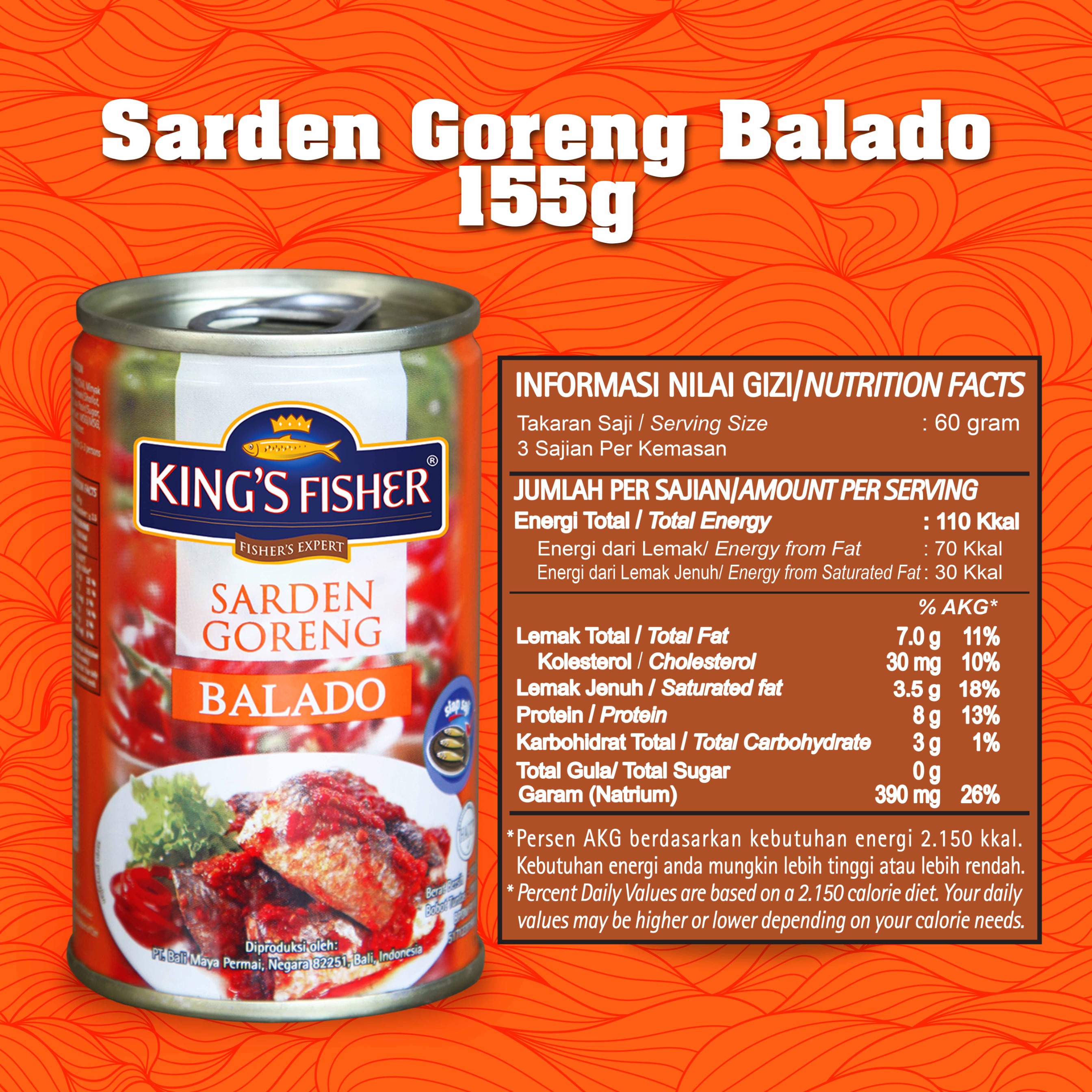 King's Fisher Sarden goreng mini rasa saus balado Makanan Kaleng 155 gr