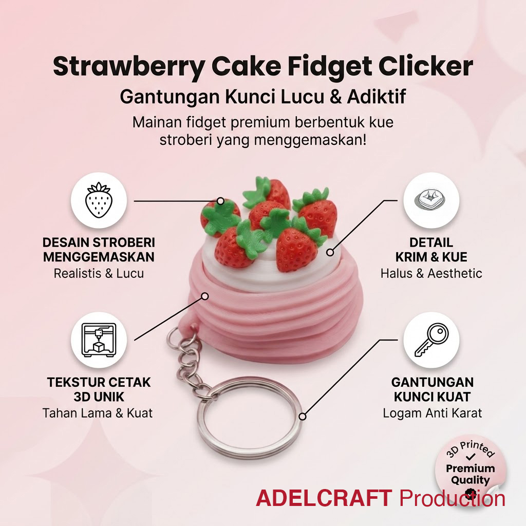 Ktmstore - Strawberry Cake Clicker Fidget Gantungan Kunci Mechanical Keyboard 3D ASMR PETG Kue Stoberi