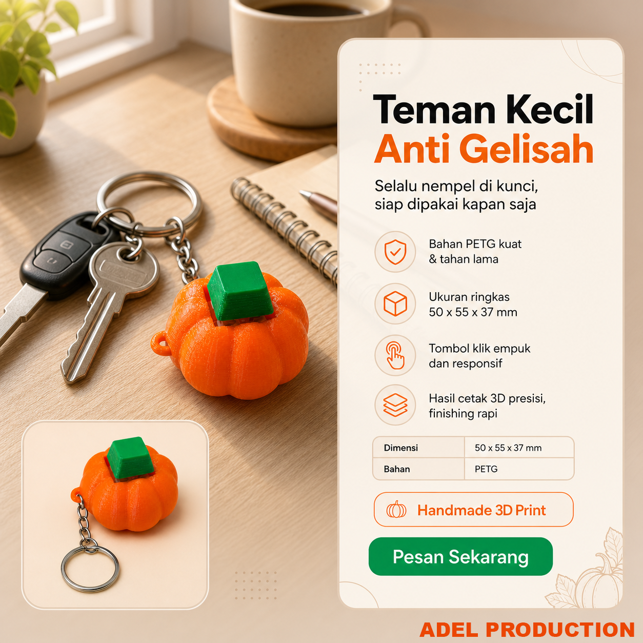 Ktmstore - Pumpkin Fidget Clicker Halloween Gantungan Kunci Labu 3D Print PETG Anti Bosan