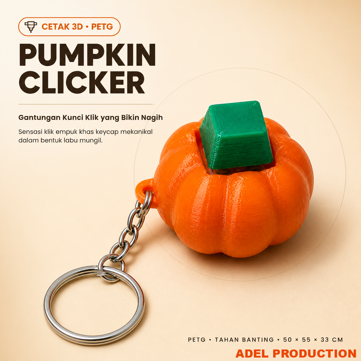 Ktmstore - Pumpkin Fidget Clicker Halloween Gantungan Kunci Labu 3D Print PETG Anti Bosan