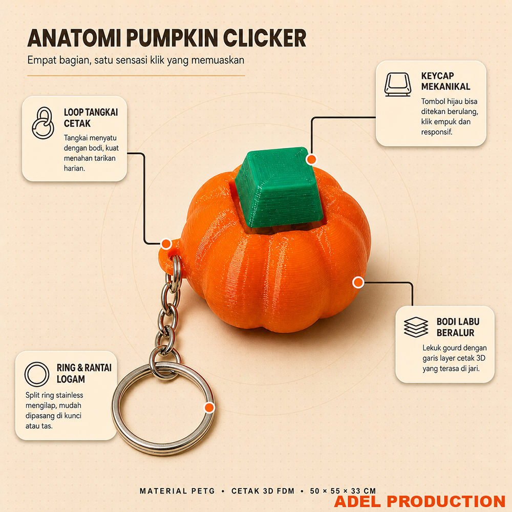 Ktmstore - Pumpkin Fidget Clicker Halloween Gantungan Kunci Labu 3D Print PETG Anti Bosan