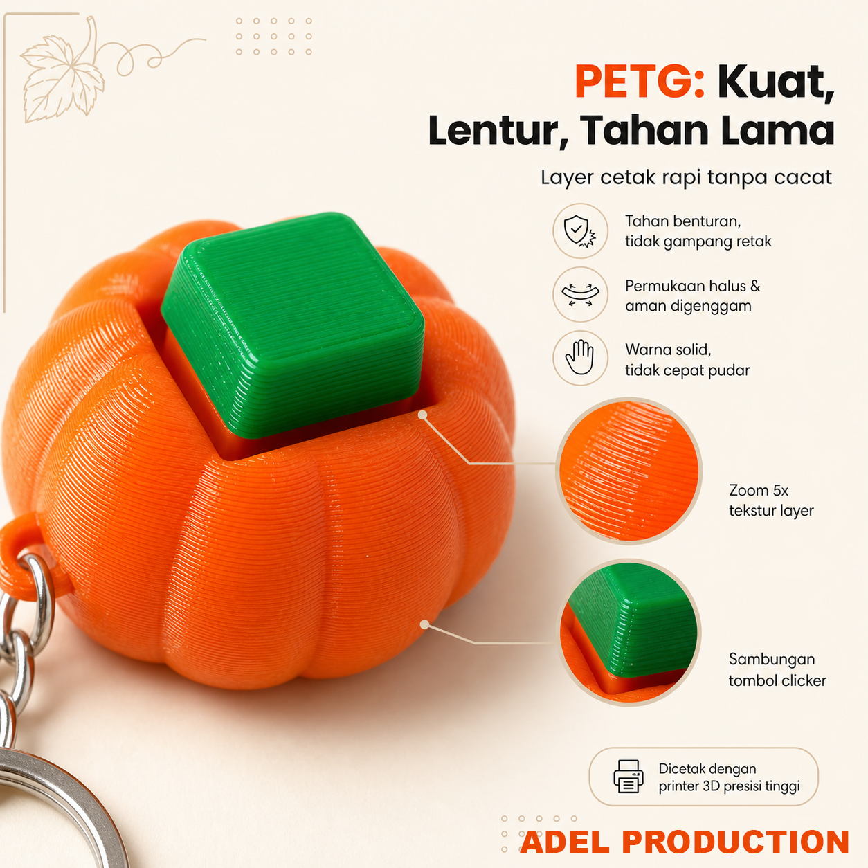 Ktmstore - Pumpkin Fidget Clicker Halloween Gantungan Kunci Labu 3D Print PETG Anti Bosan