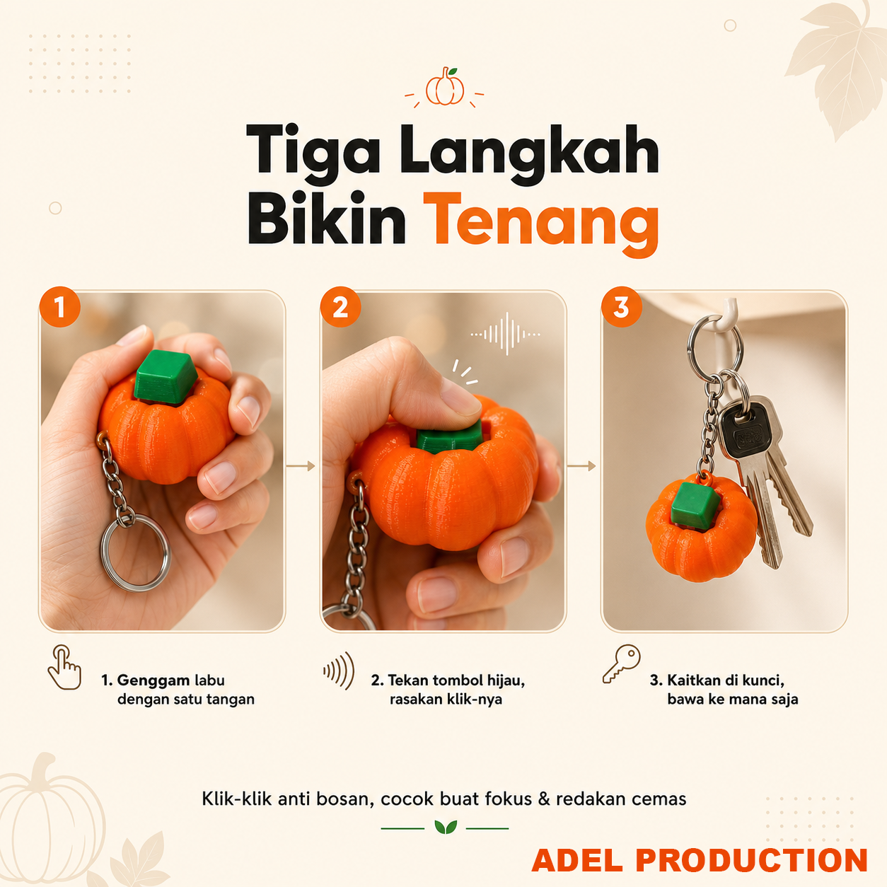 Ktmstore - Pumpkin Fidget Clicker Halloween Gantungan Kunci Labu 3D Print PETG Anti Bosan