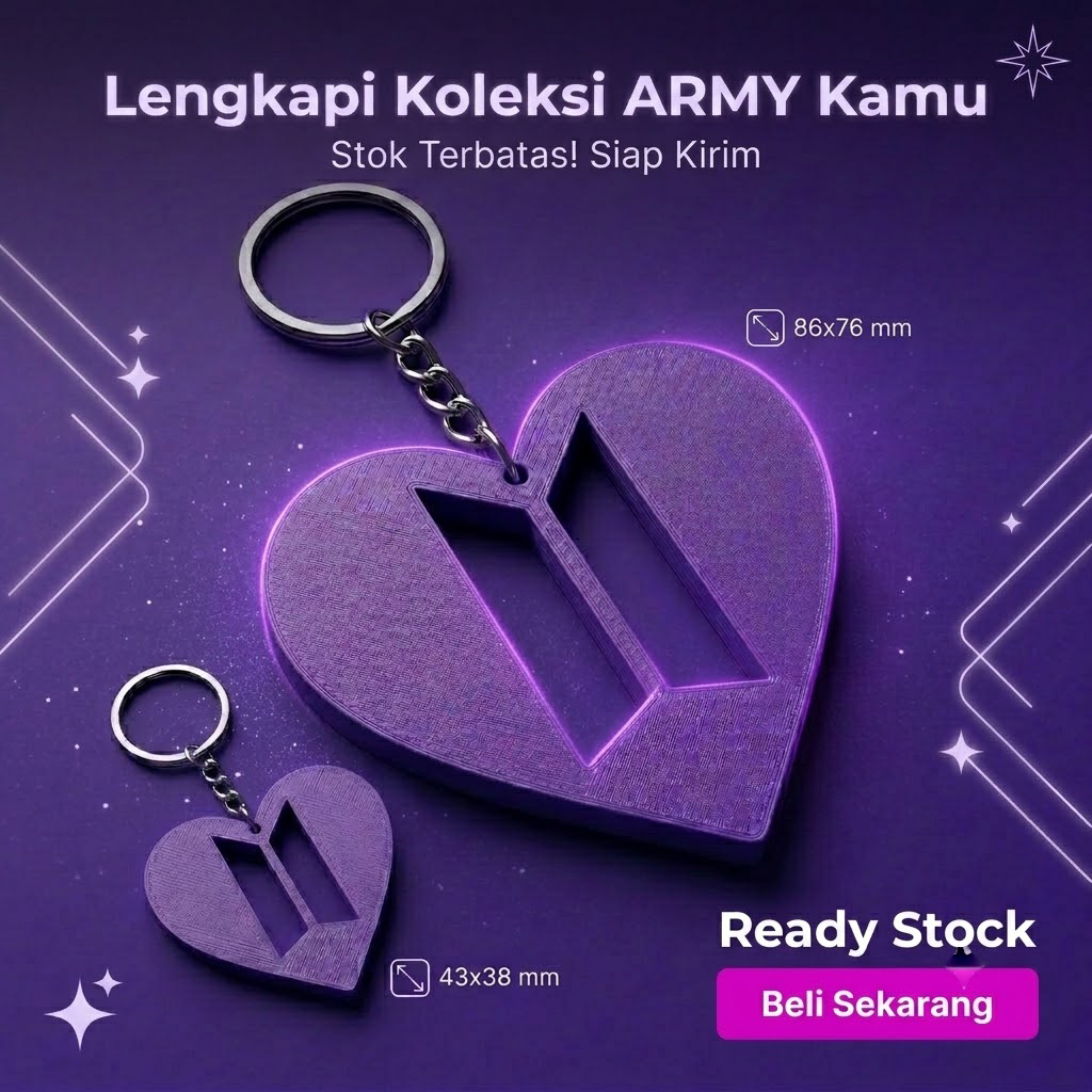 Ktmstore - Gantungan Kunci BTS Model Hati Premium 3D Print Bahan PETG Tebal Kuat Keychain BTS Army Logo Heart Edition 2 Ukuran Besar Kecil