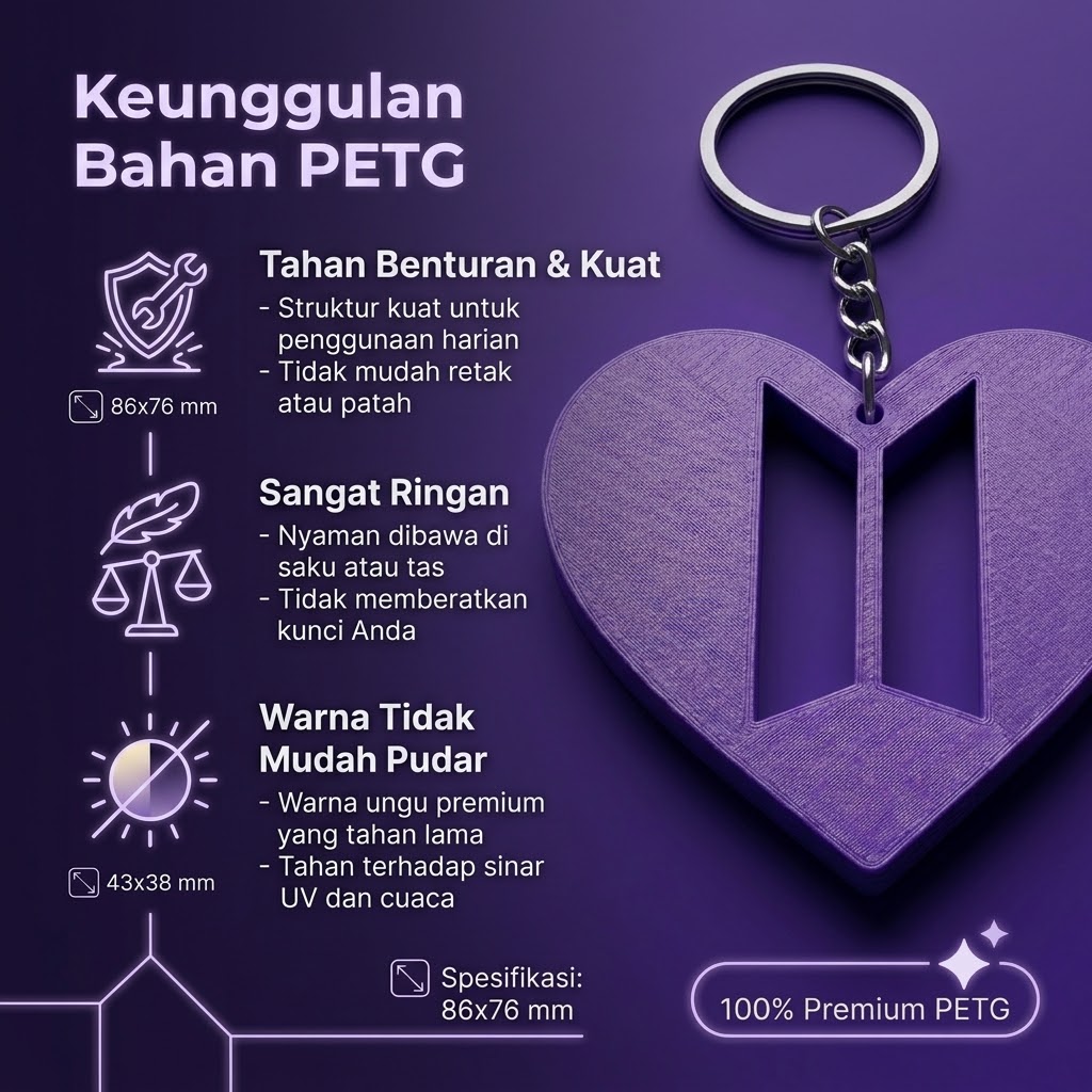 Ktmstore - Gantungan Kunci BTS Model Hati Premium 3D Print Bahan PETG Tebal Kuat Keychain BTS Army Logo Heart Edition 2 Ukuran Besar Kecil