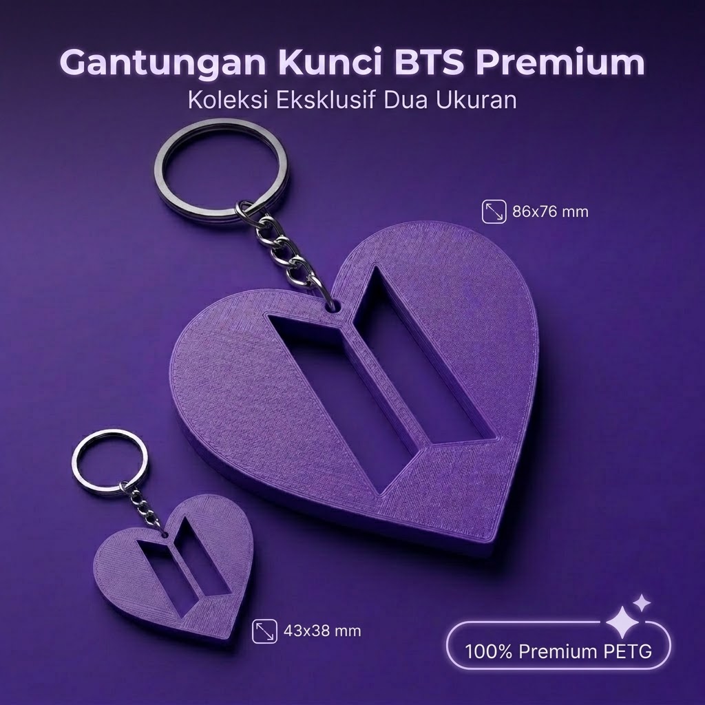 Ktmstore - Gantungan Kunci BTS Model Hati Premium 3D Print Bahan PETG Tebal Kuat Keychain BTS Army Logo Heart Edition 2 Ukuran Besar Kecil