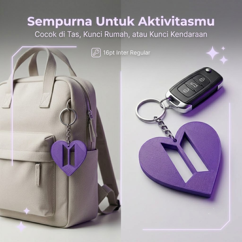 Ktmstore - Gantungan Kunci BTS Model Hati Premium 3D Print Bahan PETG Tebal Kuat Keychain BTS Army Logo Heart Edition 2 Ukuran Besar Kecil