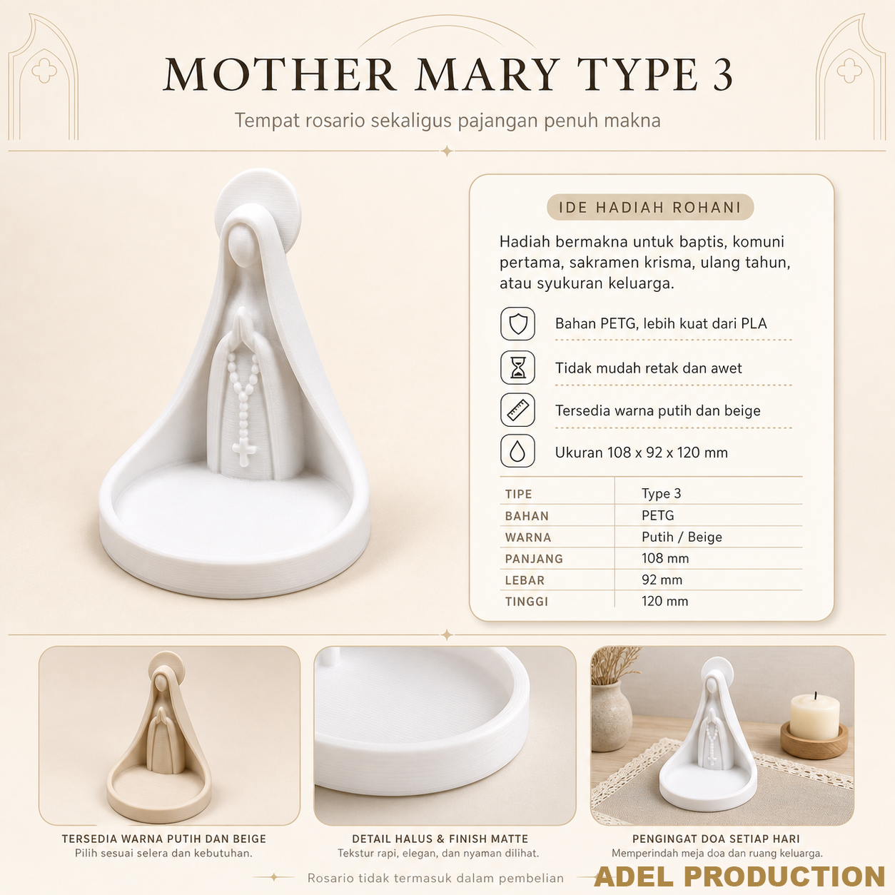 Ktmstore - Tempat Rosario Mother Mary Pajangan Bunda Maria Tipe 3 PETG Putih Premium