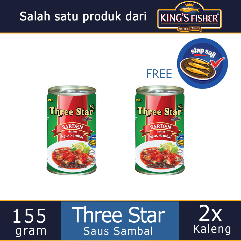Paket 2 Pcs Three Star Sarden mini saus sambal Makanan Kaleng 155 g