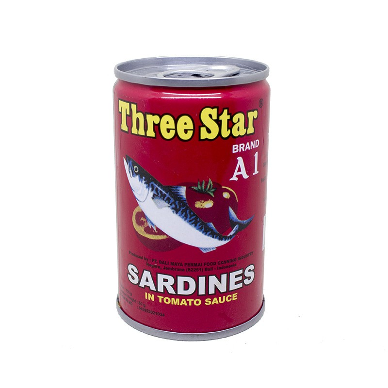 Paket 2 Pcs Three Star Sarden mini saus tomat Makanan Kaleng 155 g