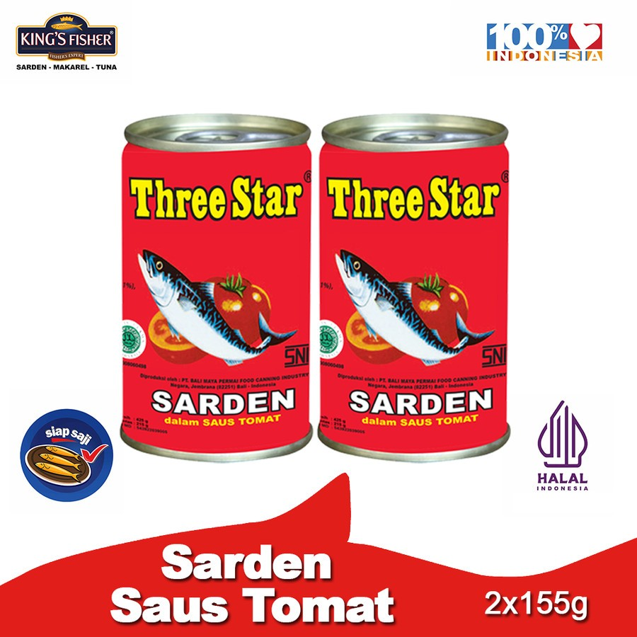 Paket 2 Pcs Three Star Sarden mini saus tomat Makanan Kaleng 155 g