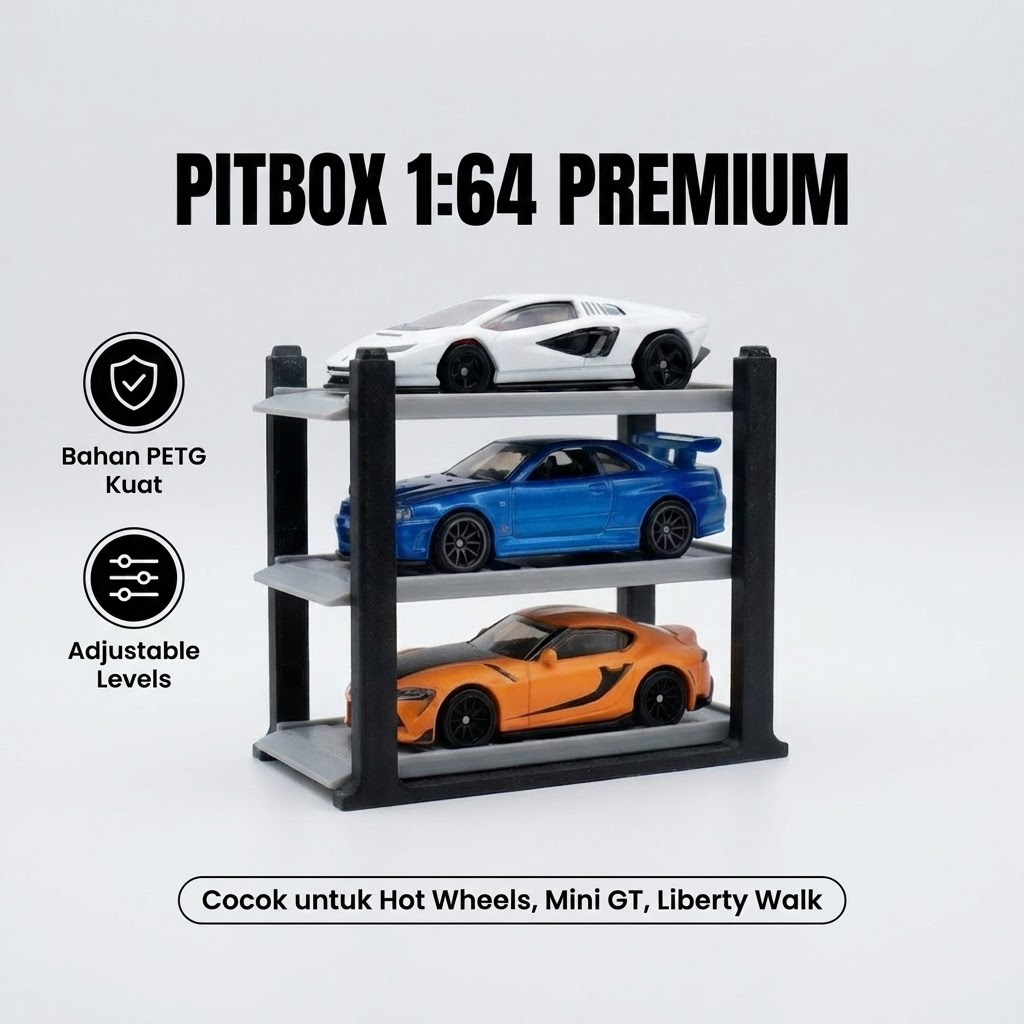 Ktmstore - PITBOX 1:64 Premium Rak Parkir Diecast Tumpuk Hot Wheels Mini GT PETG Adjustable