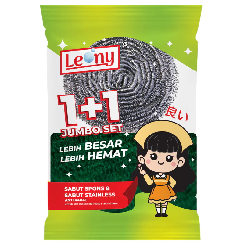 Leony 1+1 Jumbo Set Spons & Sabut Stainless Anti Karat Lebih Besar Lebih Hemat