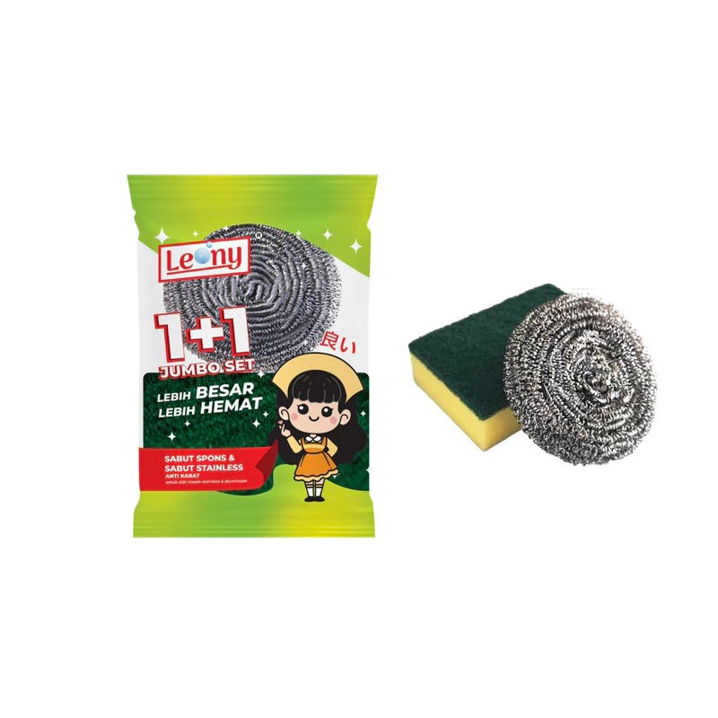 Leony 1+1 Jumbo Set Spons & Sabut Stainless Anti Karat Lebih Besar Lebih Hemat