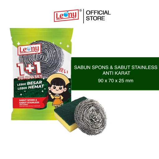 Leony 1+1 Jumbo Set Spons & Sabut Stainless Anti Karat Lebih Besar Lebih Hemat