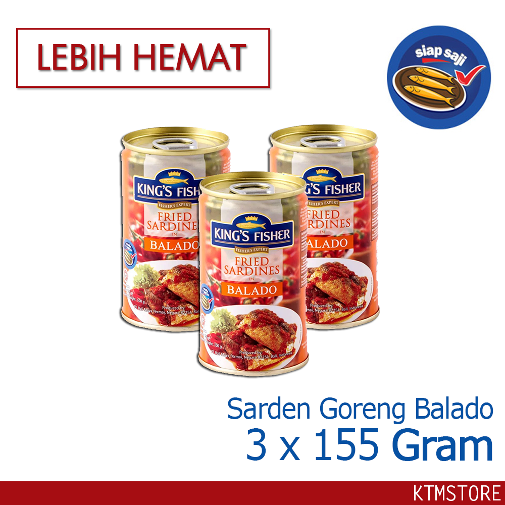 Paket 3 pcs Kings Fisher Sarden goreng mini rasa saus balado Makanan Kaleng 155g kings fisher