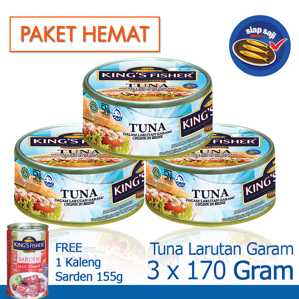 Paket 3 pcs Kings Fisher Tuna dalam Air Garam 170g gratis sarden 155g