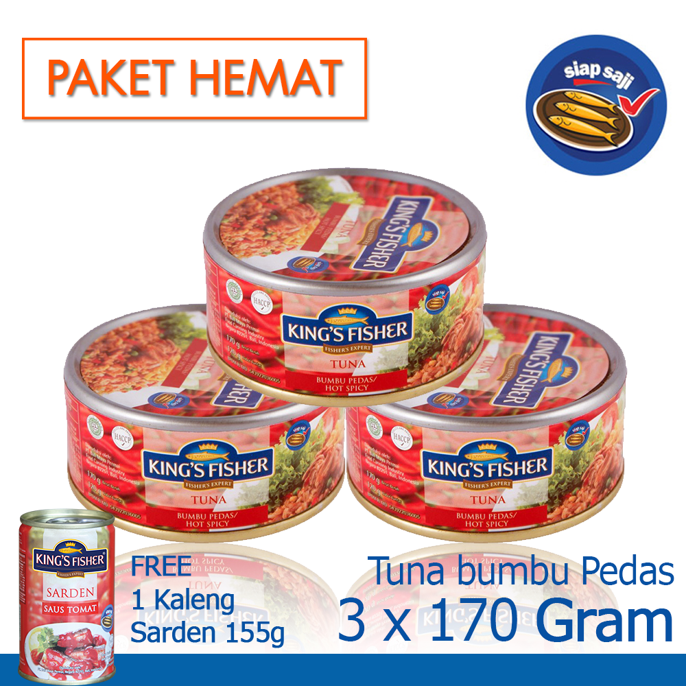 Paket 3 Pcs Kings Fisher Tuna Hot Spicy 170g gratis sarden 155g