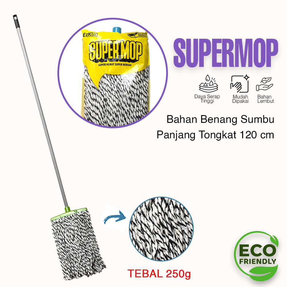 Alat Pel Lantai 2 warna Mop Supermop 250g pel benang sumbu tebal EzKlin