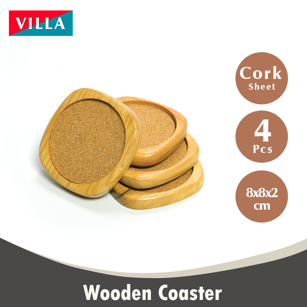 Square Cork Wooden Coaster 4 Pcs Tatakan Gelas Kayu Alas Gabus Villa 0401