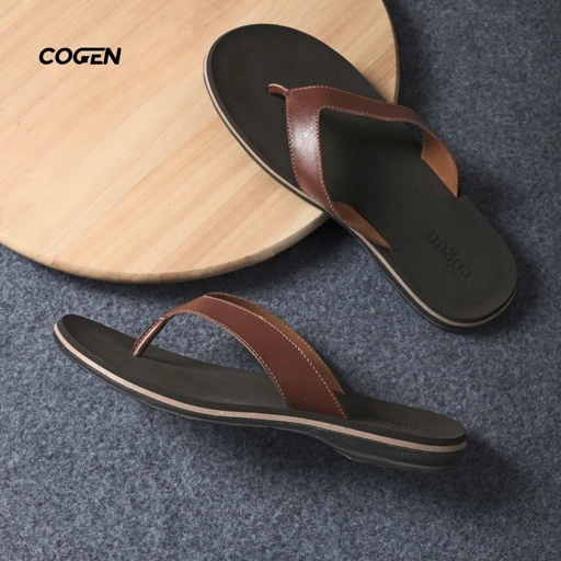 Image of Cogen Sendal Pria Kulit Sandal Jepit Cowo Leather Marino Series Kasual MRK - Tan