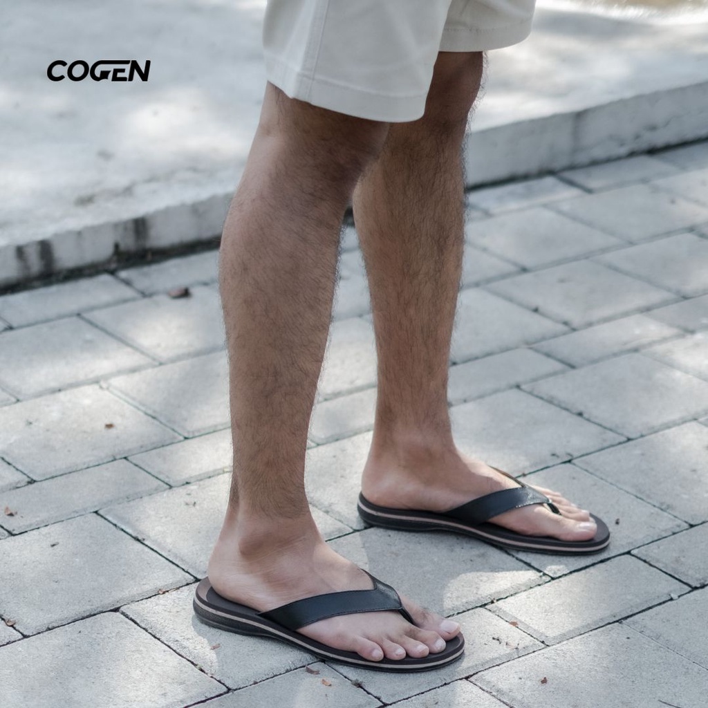 Cogen Sendal Jepit Kulit Pria Sandal Cowo Leather Marino Series Smart Casual MRK - Black