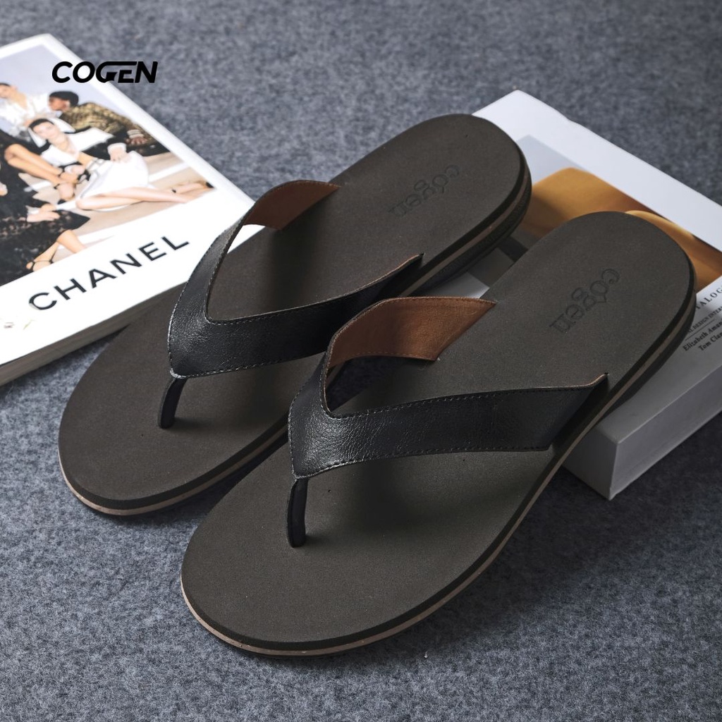 Cogen Sendal Jepit Kulit Pria Sandal Cowo Leather Marino Series Smart Casual MRK - Black