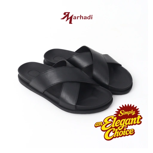 Image of Marhadi Sandal Kulit Pria Sendal Cowok Hitam - Qel Cross