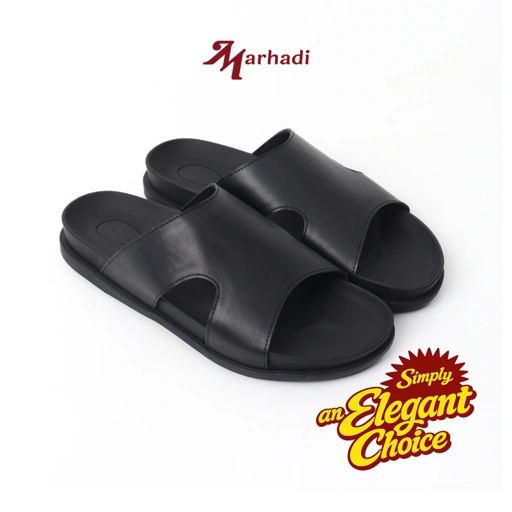Image of Marhadi Sendal Kulit Cowo Black Sandal Pria Hitam - Qel Slide