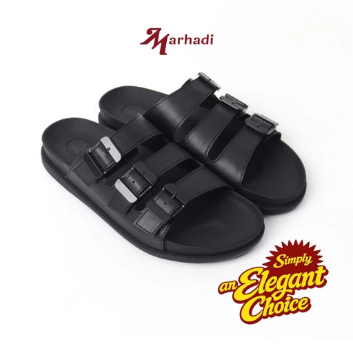 Image of Marhadi Sendal Pria Black Sandal Kulit Cowok Hitam - Qel Tri Band