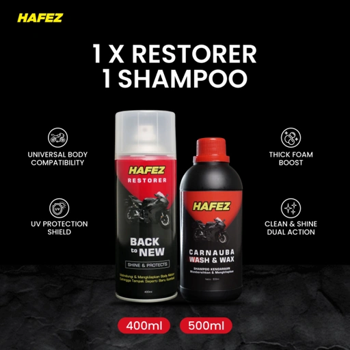 Image of HAFEZ BUNDLING 1 RESTORER & 1 SHAMPOO Pengkilap dan Penghitam Body Motor Kendaraan