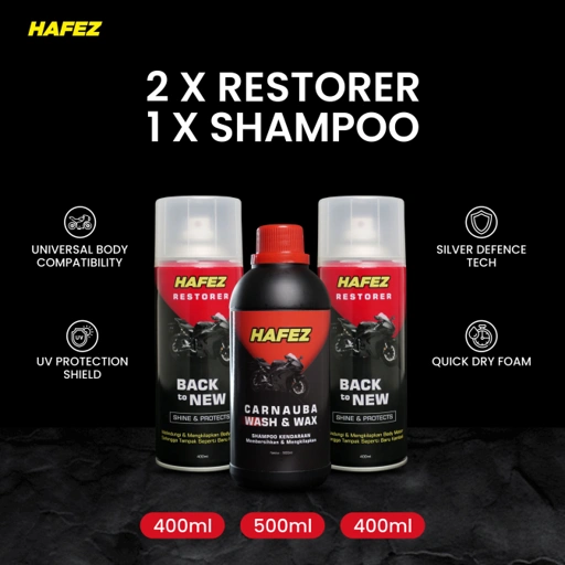 Image of HAFEZ BUNDLING 2 RESTORER & 1 SHAMPOO Pengkilap dan Penghitam Body Motor Kendaraan