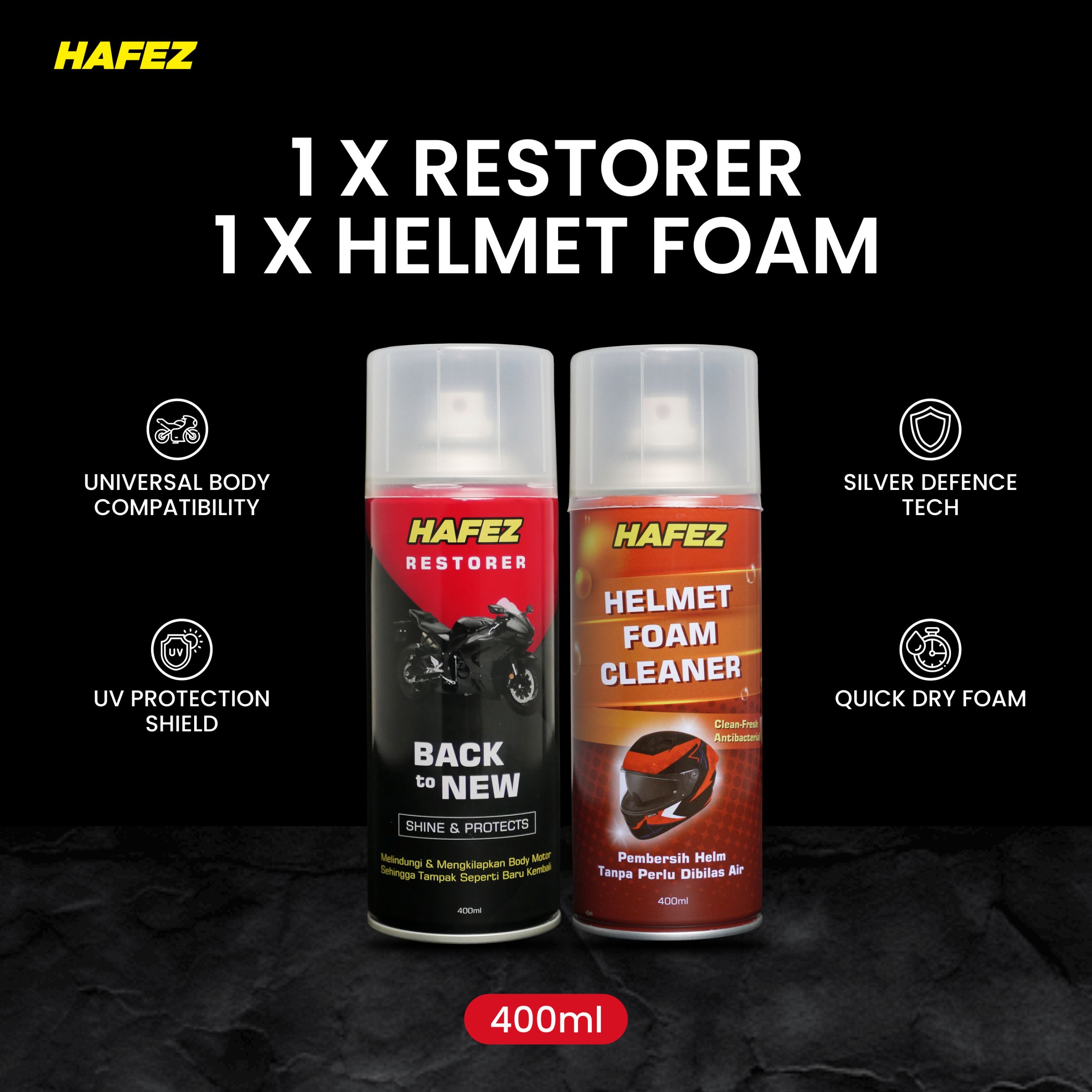 HAFEZ BUNDLING 1 RESTORER & 1 HELMET FOAM Pengkilap dan Penghitam Body Motor Kendaraan