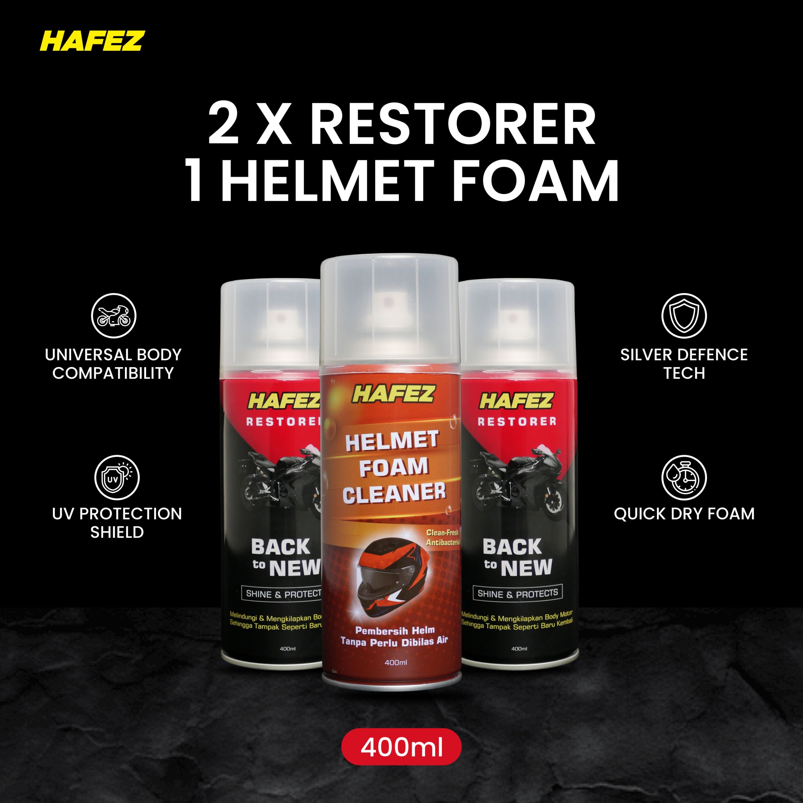 HAFEZ BUNDLING 2 RESTORER & 1 HELMET FOAM Pengkilap dan Penghitam Body Motor Kendaraan