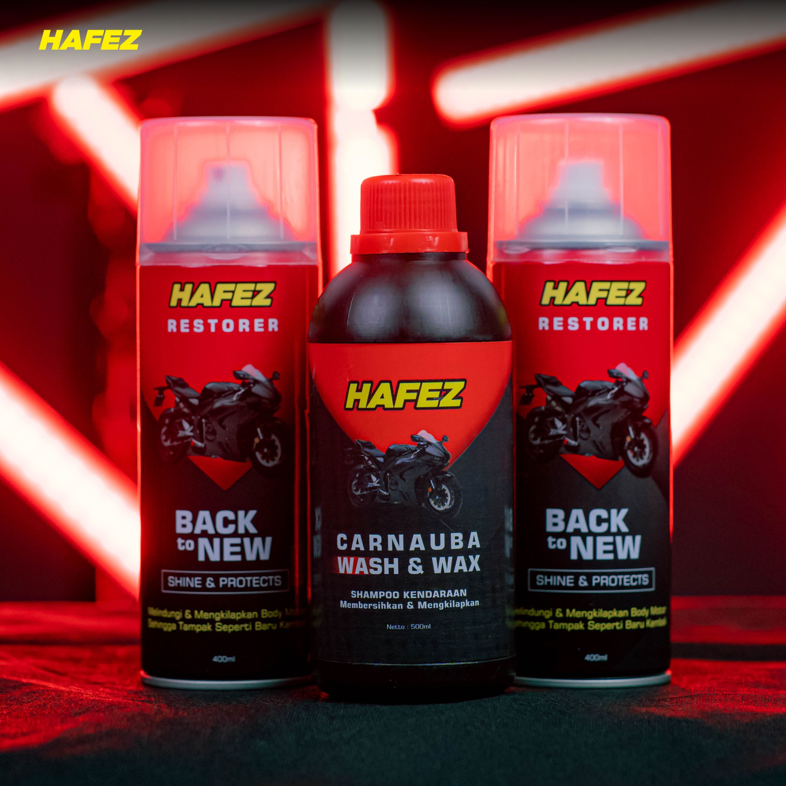 HAFEZ BUNDLING 2 RESTORER & 1 SHAMPOO Pengkilap dan Penghitam Body Motor Kendaraan
