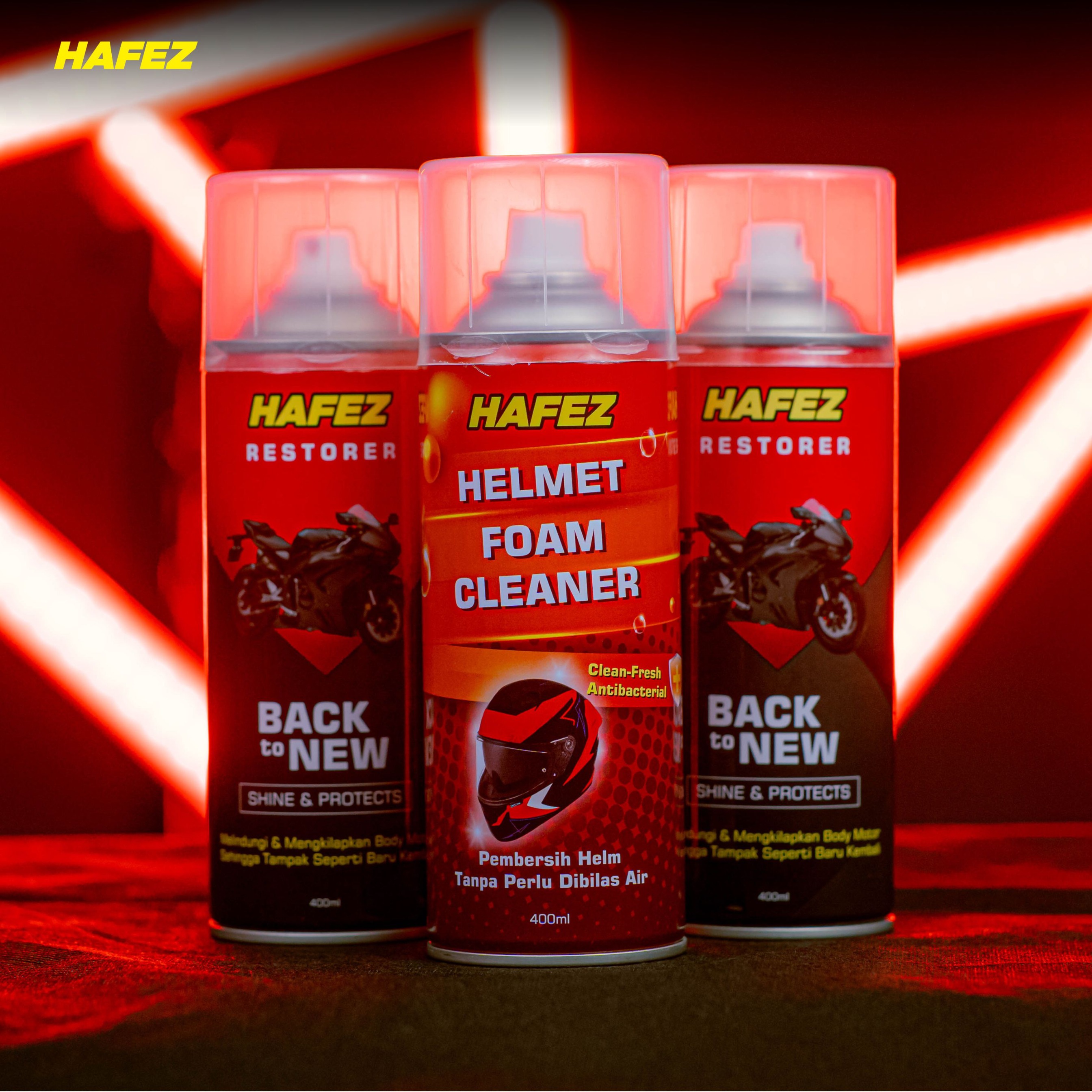 HAFEZ BUNDLING 2 RESTORER & 1 HELMET FOAM Pengkilap dan Penghitam Body Motor Kendaraan