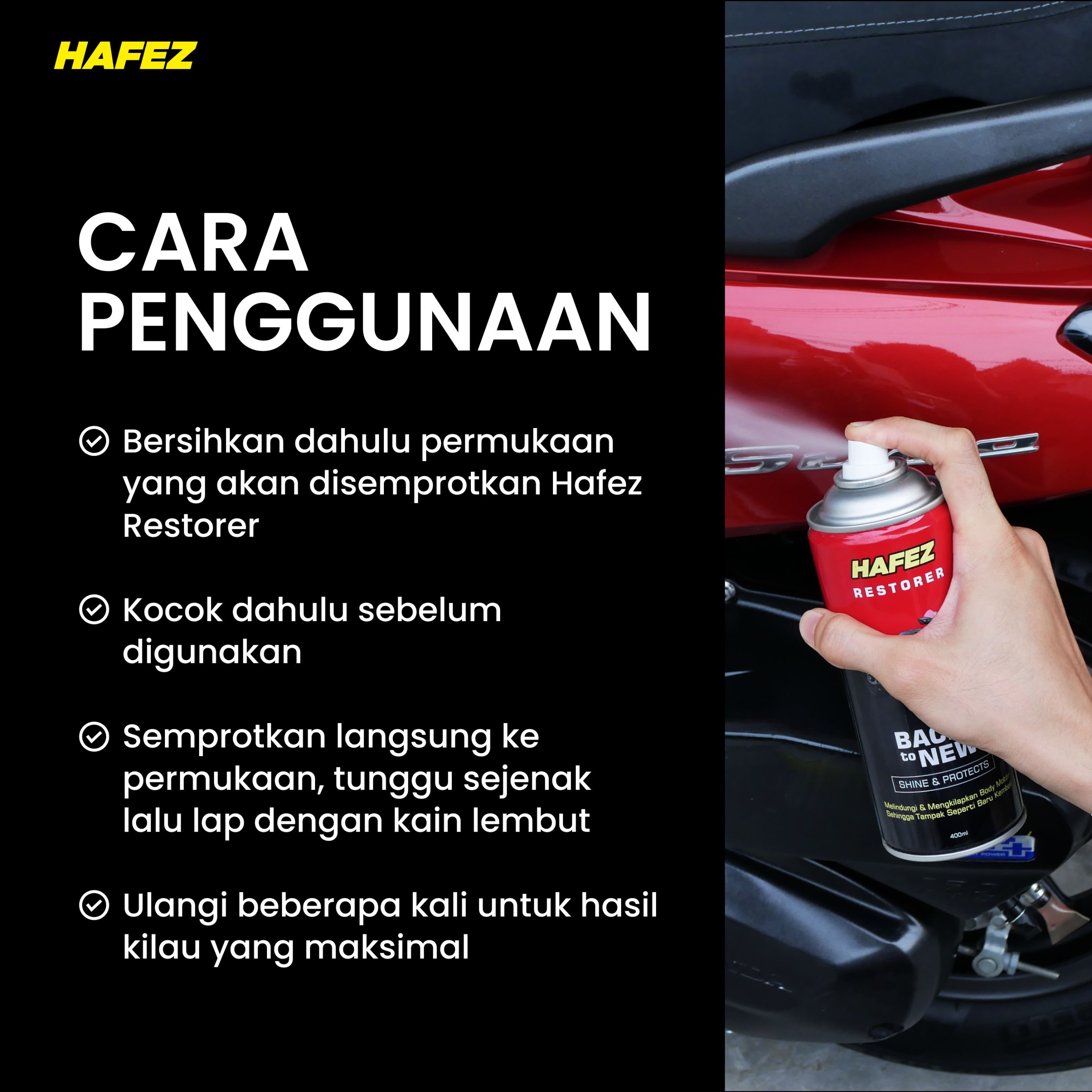 HAFEZ BUNDLING 2 RESTORER & 1 HELMET FOAM Pengkilap dan Penghitam Body Motor Kendaraan