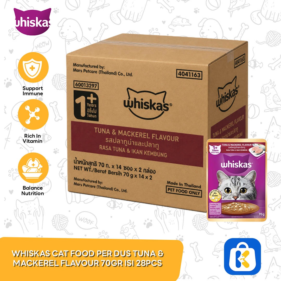 Whiskas Adult Wet Cat Food Pouch Tuna Mackerel Dus Isi 28 Pcs 70gram