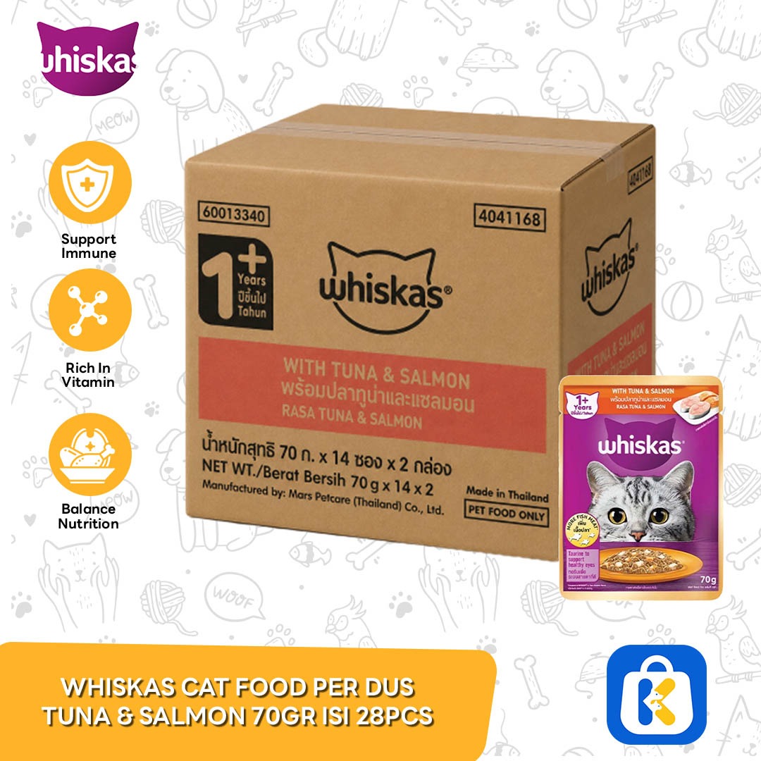 Whiskas Adult Wet Cat Food Pouch Tuna Salmon Dus Isi 28 Pcs 70gram