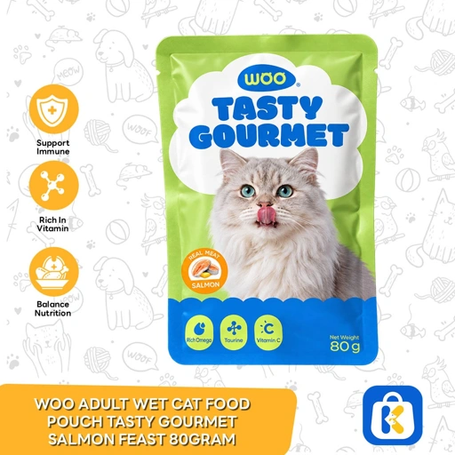 Woo Adult Wet Cat Food Pouch Tasty Gourmet Salmon Feast 80gram