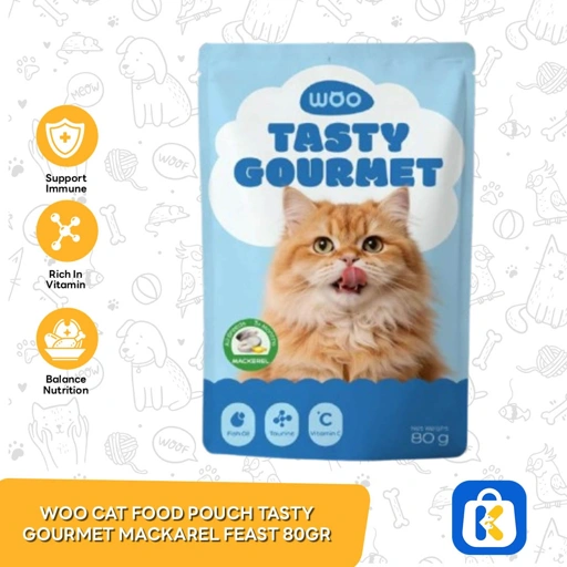 Woo Adult Wet Cat Food Pouch Tasty Gourmet Mackarel Feast 80gram