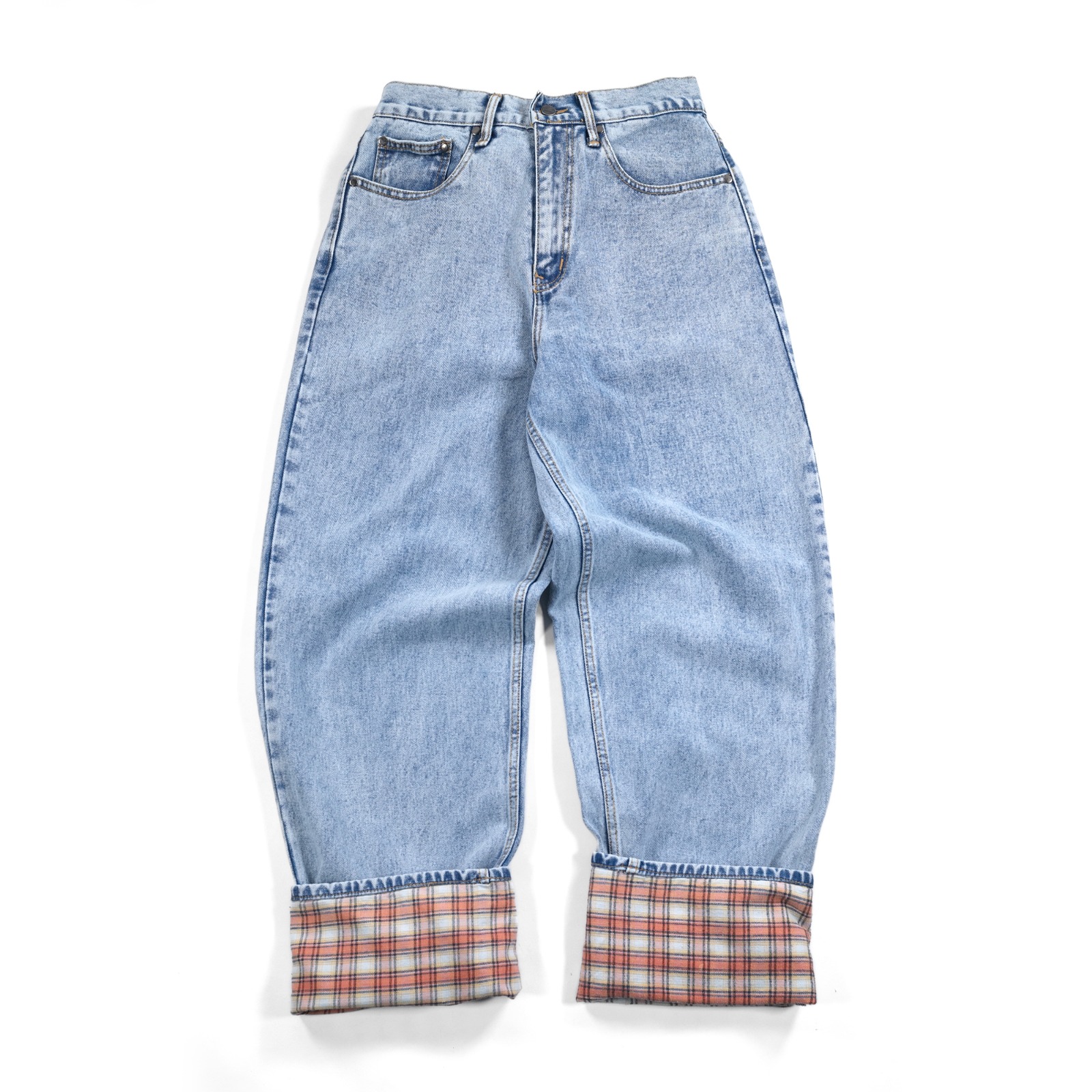 Denim Pants Ginna Orange Plaid Cuff Light Blue Wash Thanksinsomnia