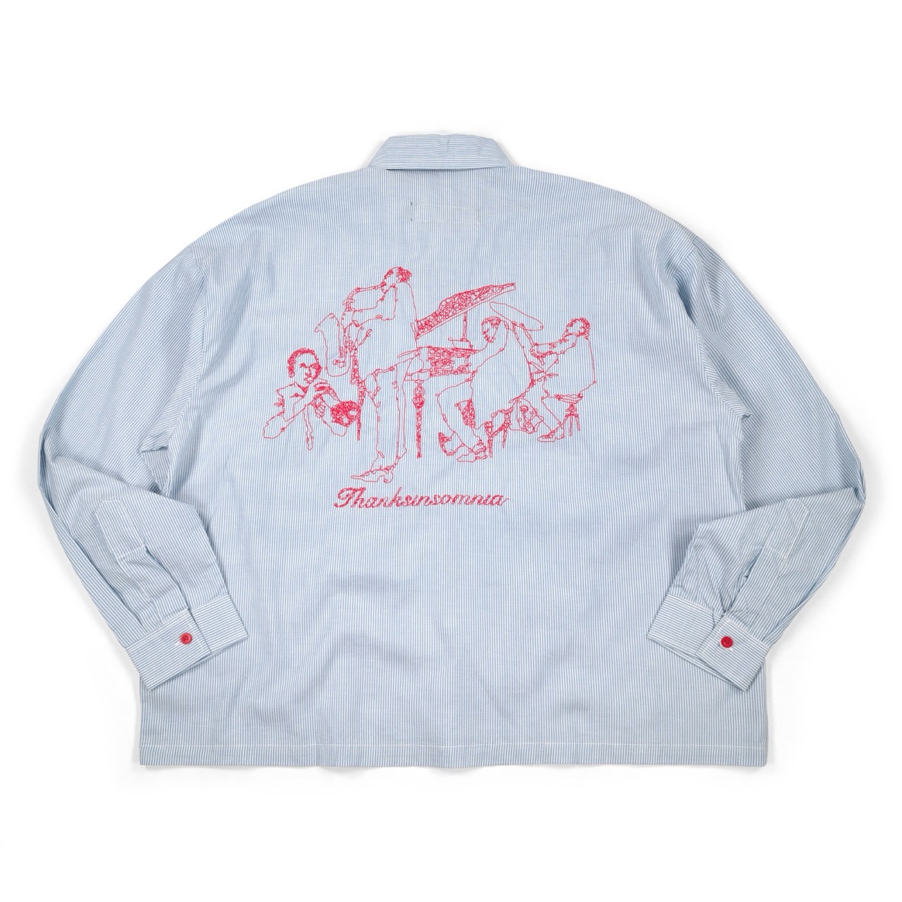 02 - Long Shirt Kirana Fine Light Blue Pinstripe Red Buttons Thanksinsomnia