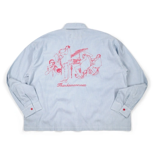 02 - Long Shirt Kirana Fine Light Blue Pinstripe Red Buttons Thanksinsomnia
