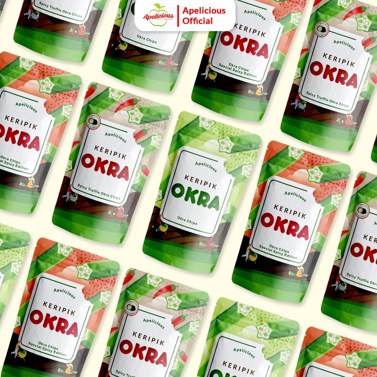 APELICIOUS KERIPIK OKRA  RENYAH 40gr Okra Chips Special Edition ,- Keripik Okra Pedas, Spicy Truffle, Original Food, Snack, Kripik,