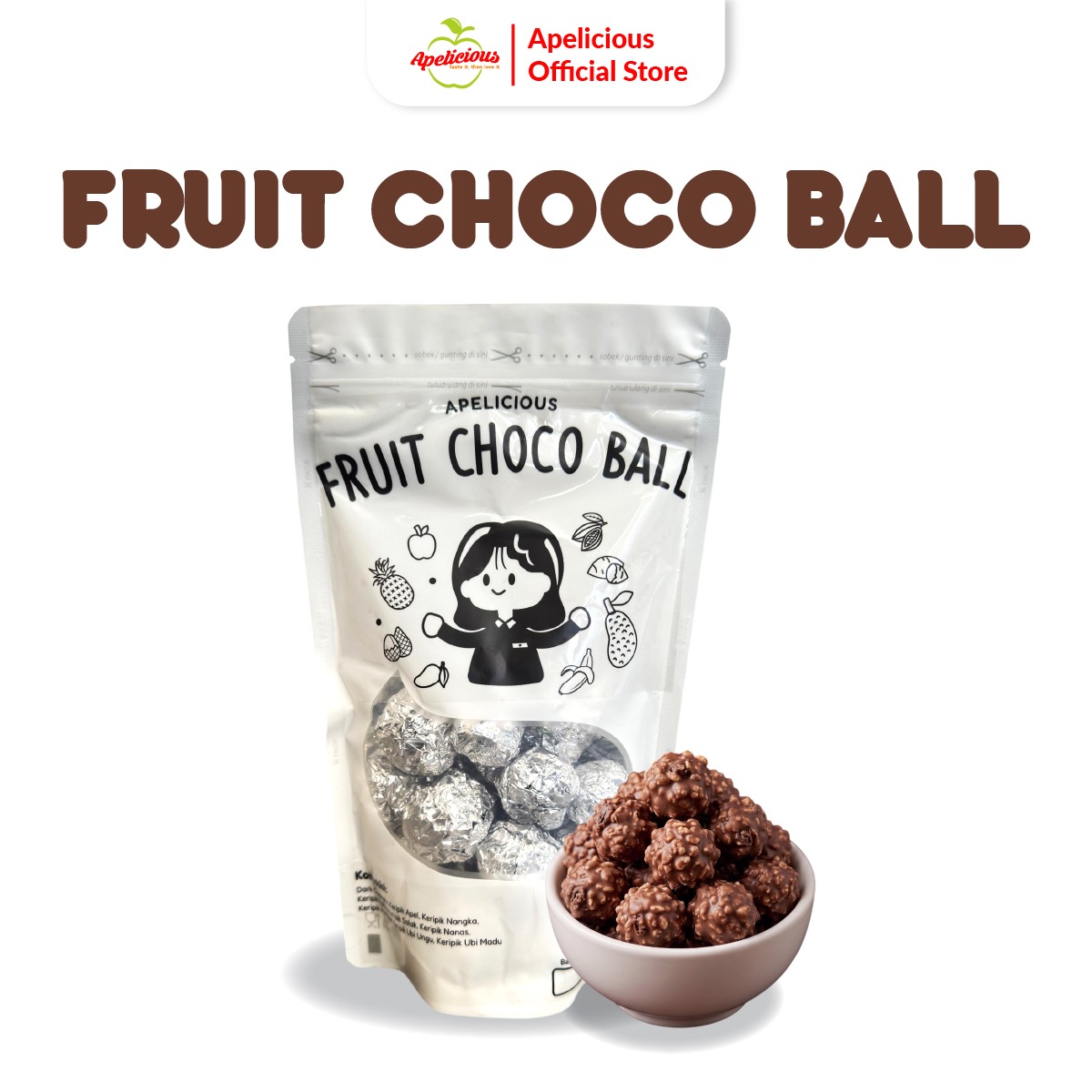 APELICIOUS FRUIT CHOCO BALL BOLA COKLAT BUAH BUAHAN ,-  Chocolate Food Coklat Sweet Cemilan Snack Cokelat