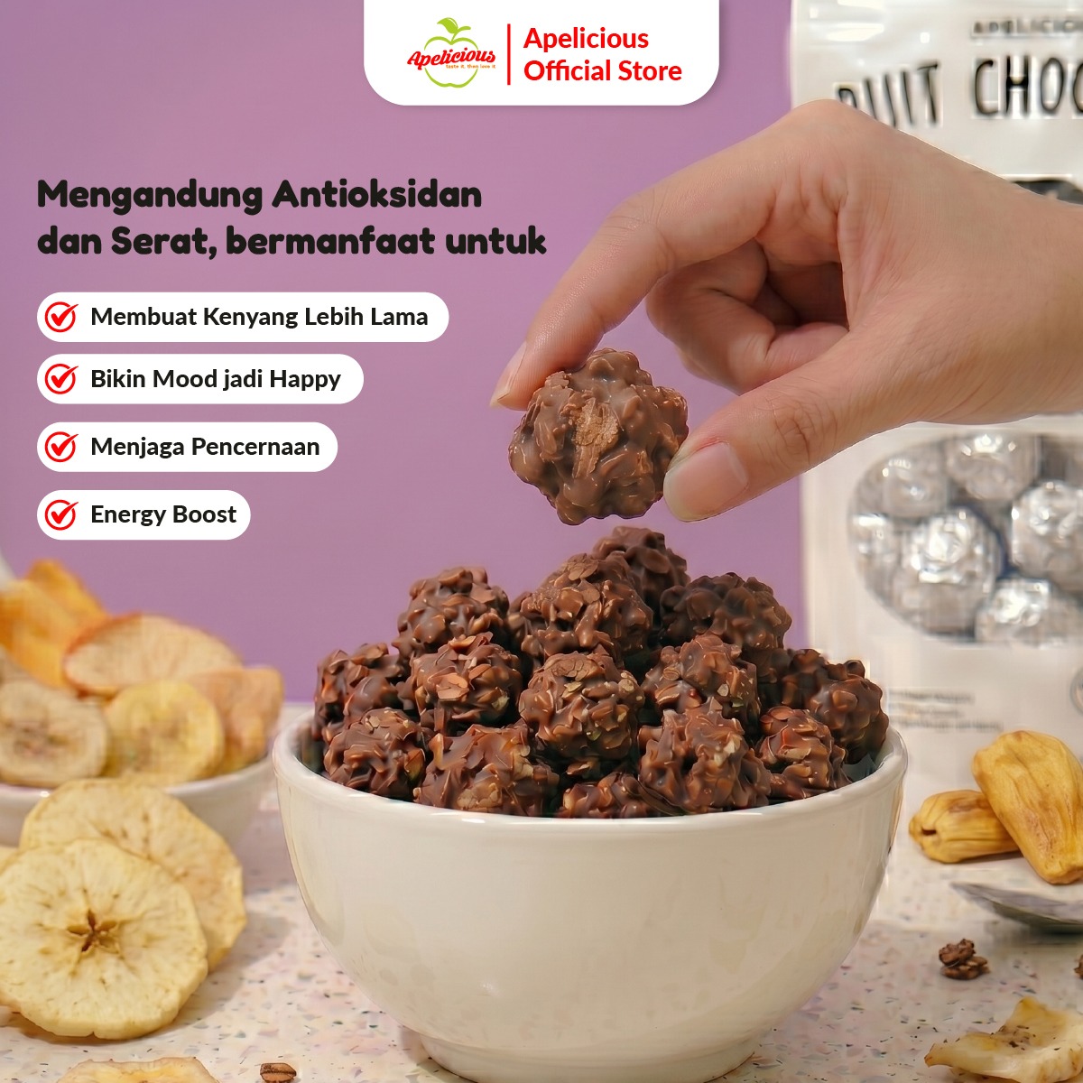APELICIOUS FRUIT CHOCO BALL BOLA COKLAT BUAH BUAHAN ,-  Chocolate Food Coklat Sweet Cemilan Snack Cokelat