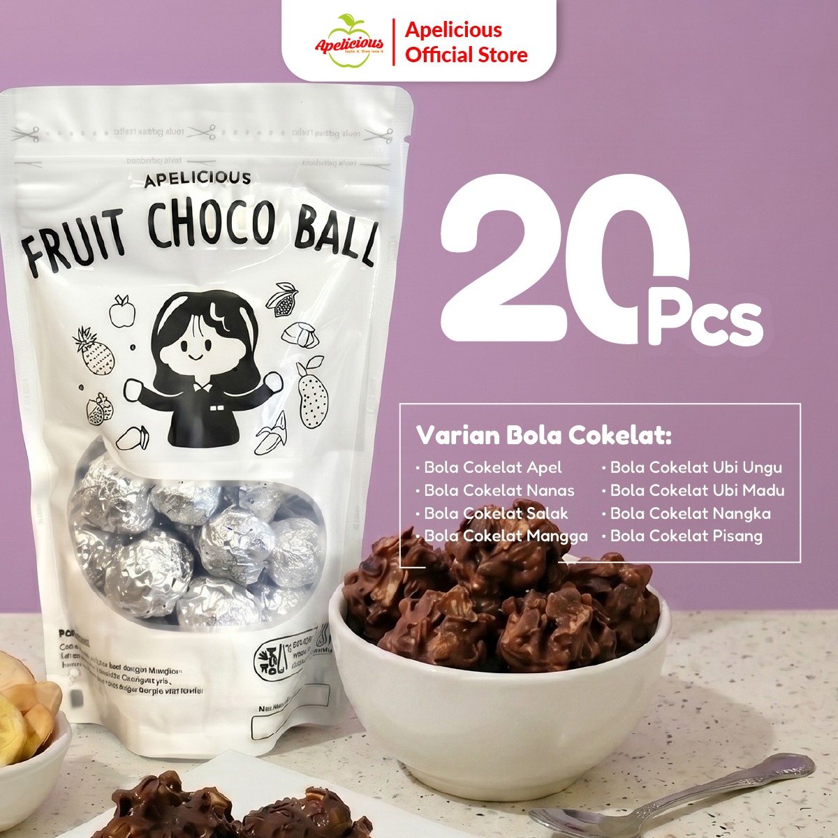 APELICIOUS FRUIT CHOCO BALL BOLA COKLAT BUAH BUAHAN ,-  Chocolate Food Coklat Sweet Cemilan Snack Cokelat